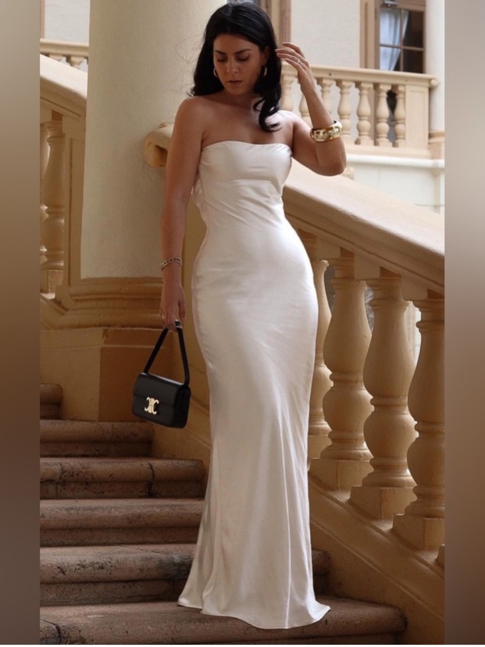 NWT Showpo. Charlita Strapless Cowl Back Satin Maxi Dress in Pearl